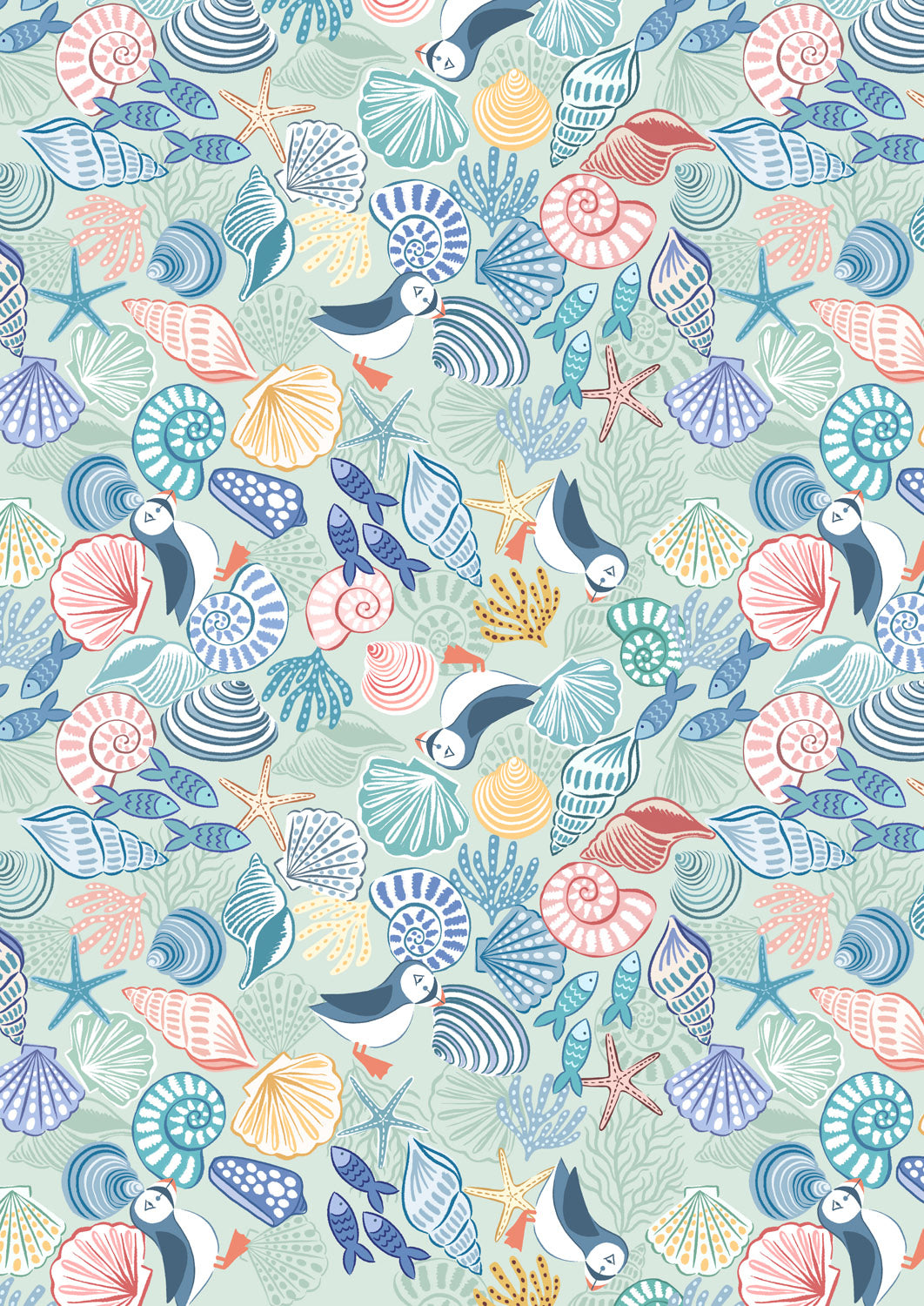 Lewis & Irene Fabric - Puffins & shells