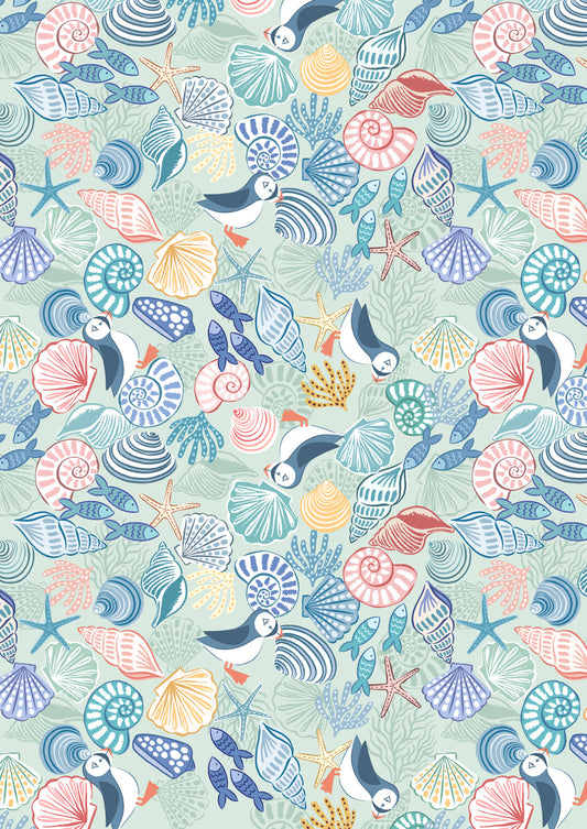 Lewis & Irene Fabric - Puffins & shells