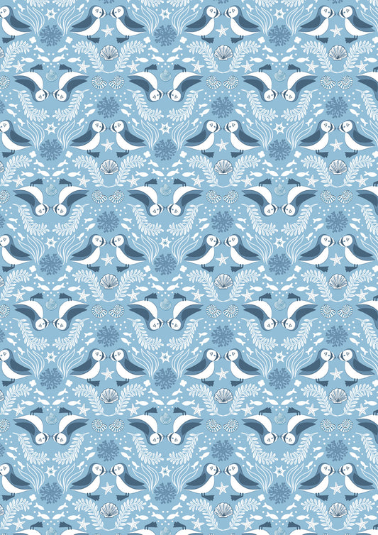 Lewis & Irene Fabric - Mirrored puffin blue